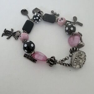 Vtg Charm Bracelet Danforth Pewter Art Glass Beads Sterling Silver Pink Tennis